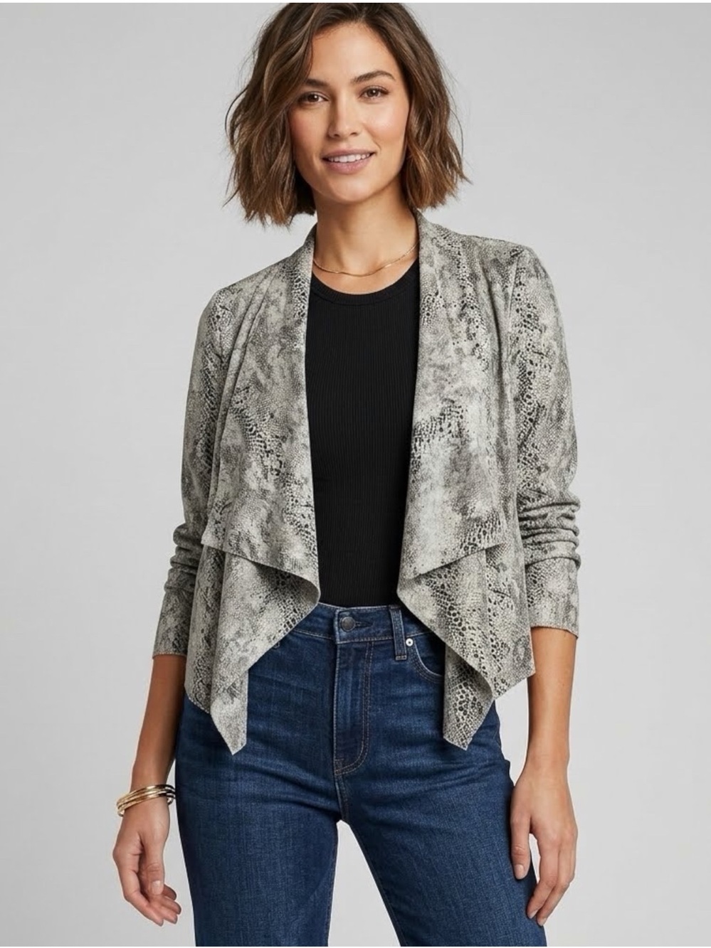 BLANKNYC Snake Print Faux Suede Drape Front Jacket Snake Eyes S Small
